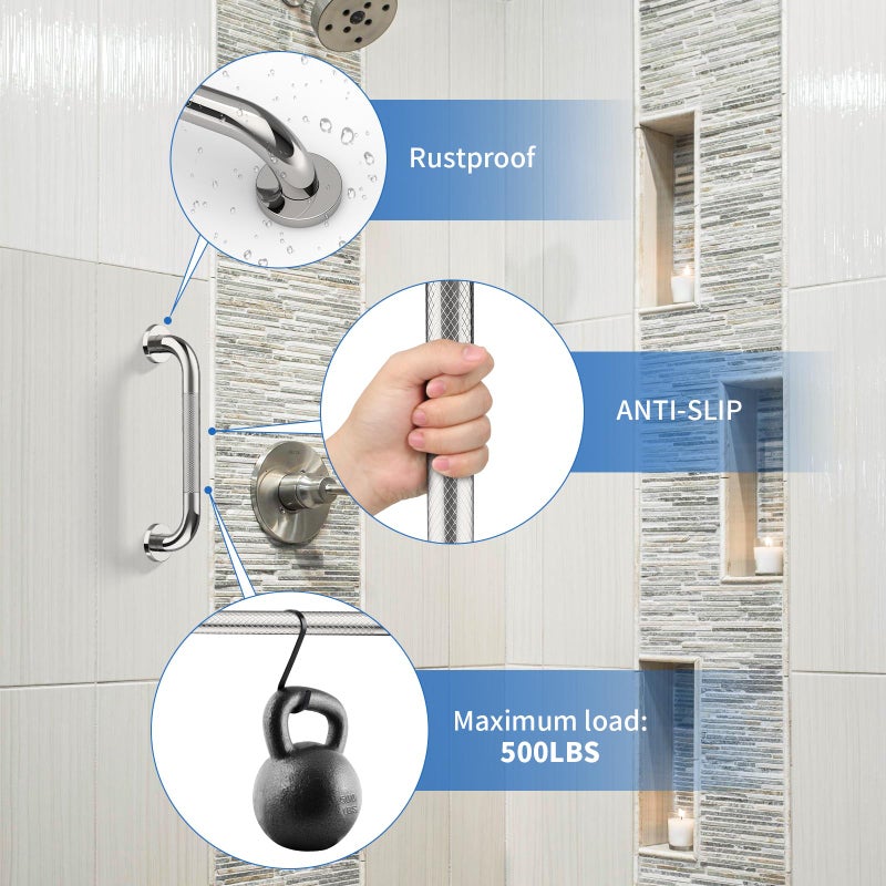ZUEXT 12 Inch Stainless Steel Chrome Shower Grab Bar, ZUEXT Bathroom Balance Bar, Safety Hand Rail Support, Handicap Elderly Injury Senior Bath Assist Handle - Image 3